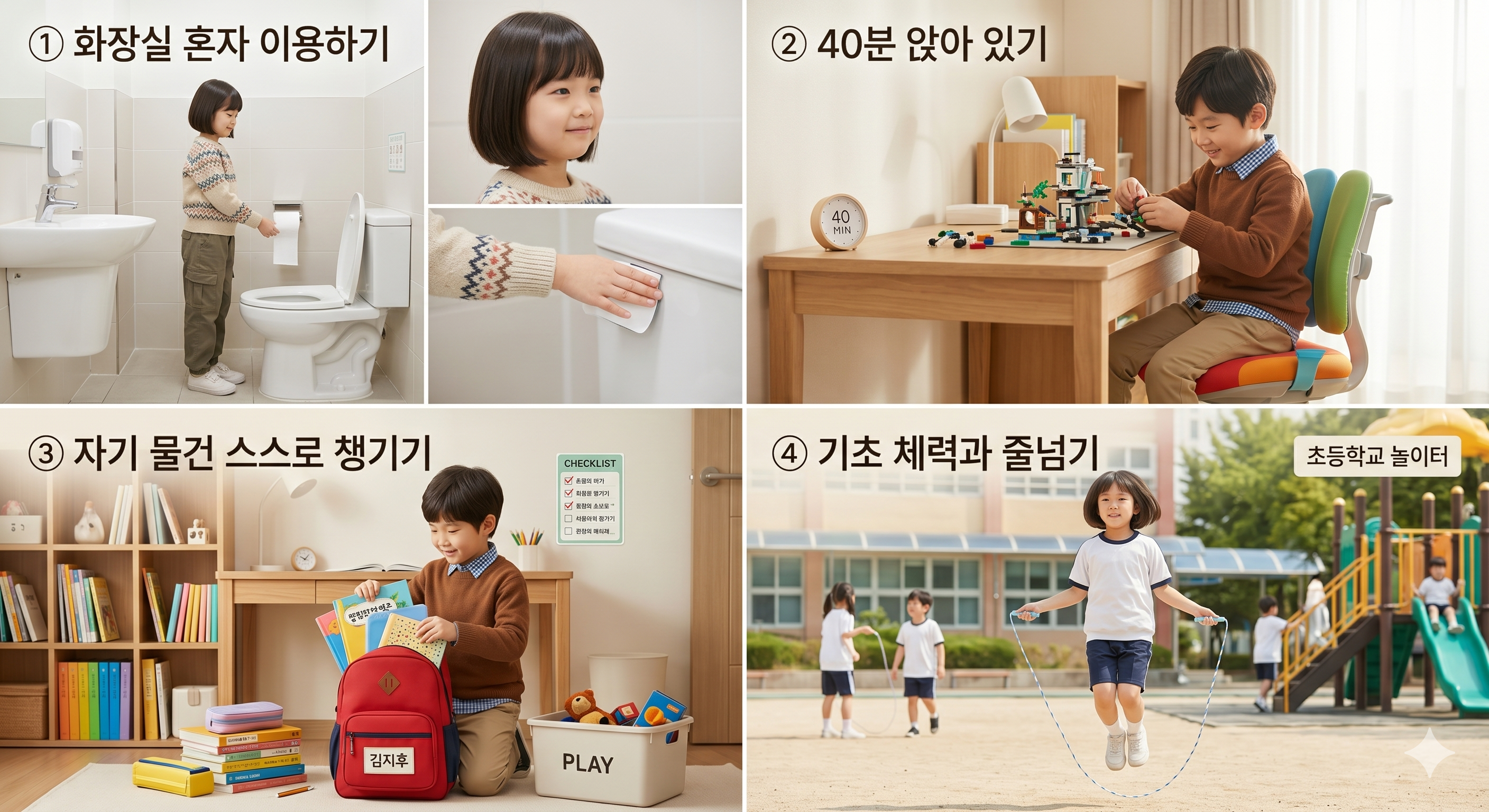 예비 초등학생 입학 전 필수 준비 사항인 4가지 학교생활 적응 습관(화장실 혼자 이용하기, 40분 앉아 있기, 자기 물건 스스로 챙기기, 기초 체력과 줄넘기)을 설명하는 일러스트 가이드 가이드 이미지