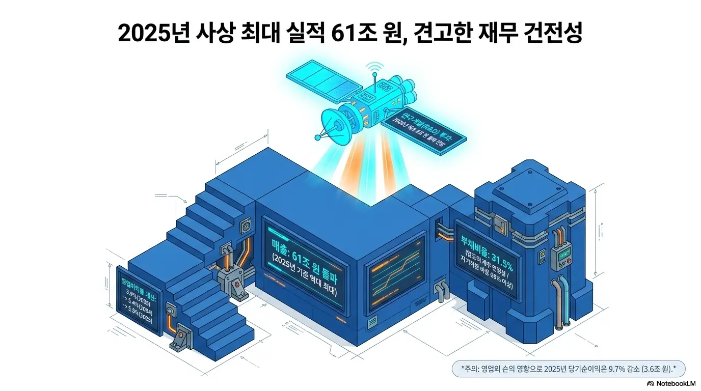 현대모비스 주가 전망: &amp;#39;2025년 사상 최대 실적 61조 원&amp;#44; 견고한 재무 건전성&amp;#39;이라는 문구가 포함된 인포그래픽 이미지. 이 이미지는 현대모비스의 2025년 매출 61조원 돌파와 부채비율 31.5%&amp;#44; 영업이익률 개선 흐름을 시각적으로 전달하며&amp;#44; 블로그의 현대모비스 주가 전망과 관련된 내용을 설명함
