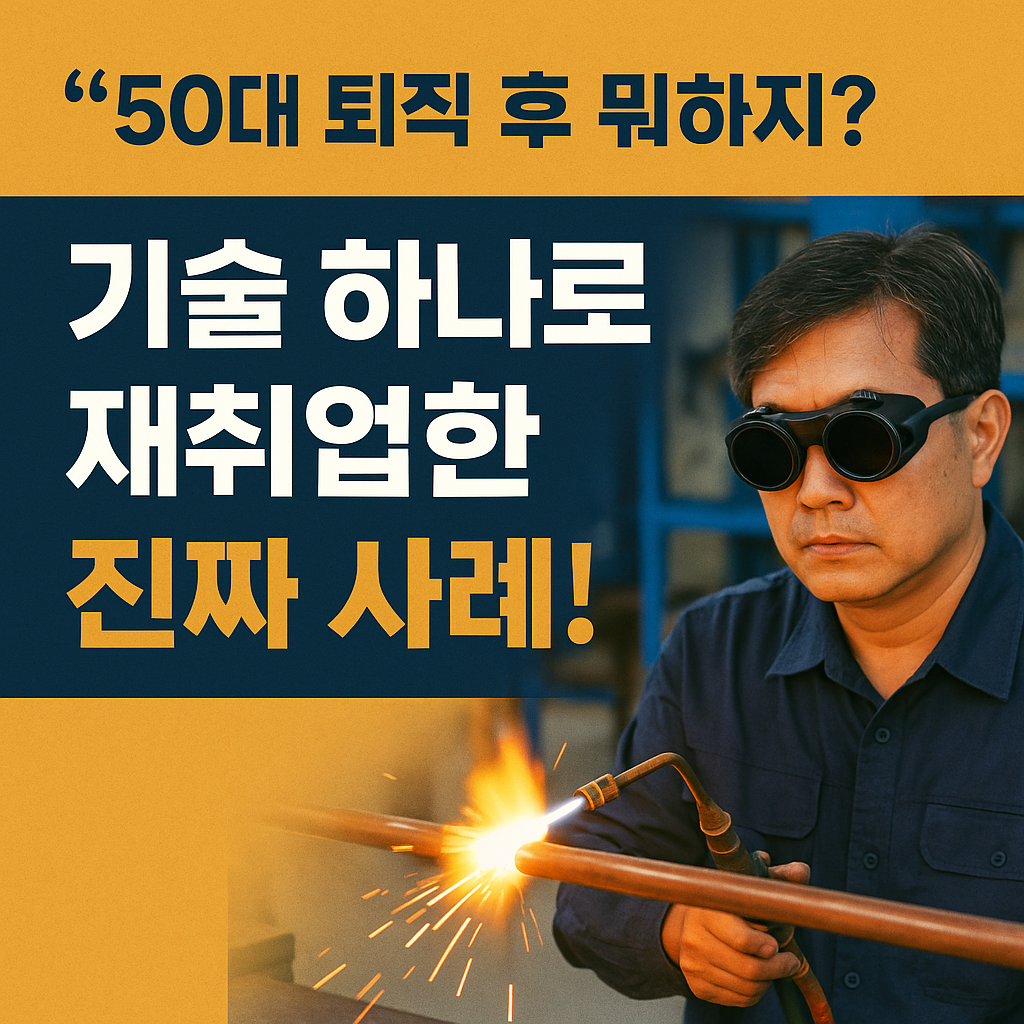 50대 퇴직 후 재취업을 위해 용접 실습 중인 중년 남성과 '기술 하나로 재취업한 진짜 사례!'라는 문구가 함께 있는 이미지