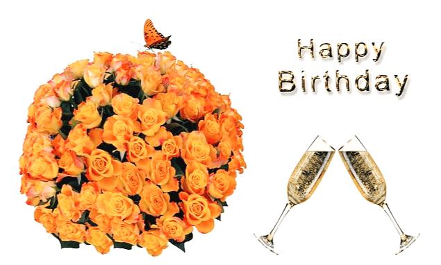 백송이가 넘는 주황생 장미 꽃다발이 있고 그 위에는 호랑나비가 앉아있다. 왼쪽에는 샴페인 잔 2개가 있다.