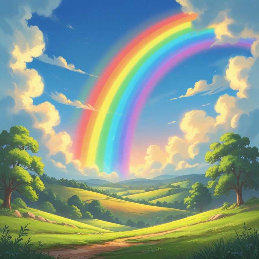 하늘과 땅 사이의 언약의 표로서 무지개를 상징적으로 표현한 장면