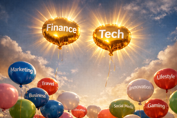 하늘 높이 떠오르는 황금색 고단가 키워드 풍선들