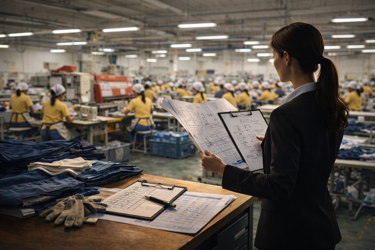 의류 공장 생산 라인에서 공정표를 확인하는 관리자와 노란 셔츠를 입은 작업자들