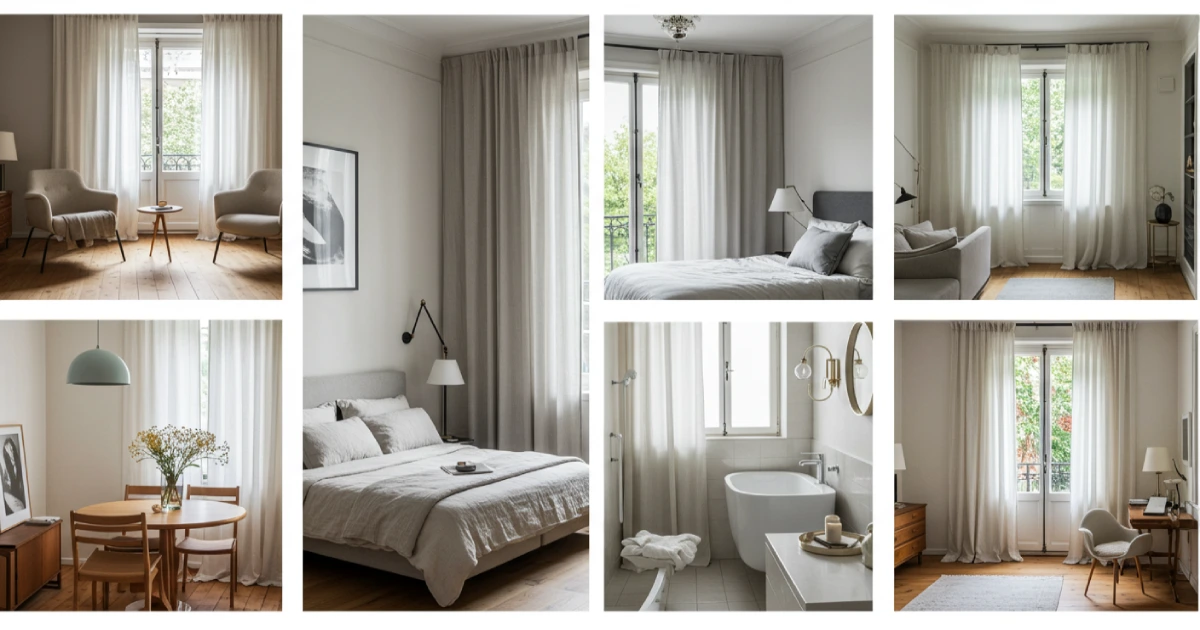 거실, 침실, 주방 등 공간별 커튼 길이와 스타일을 보여주는 집 내부 모습