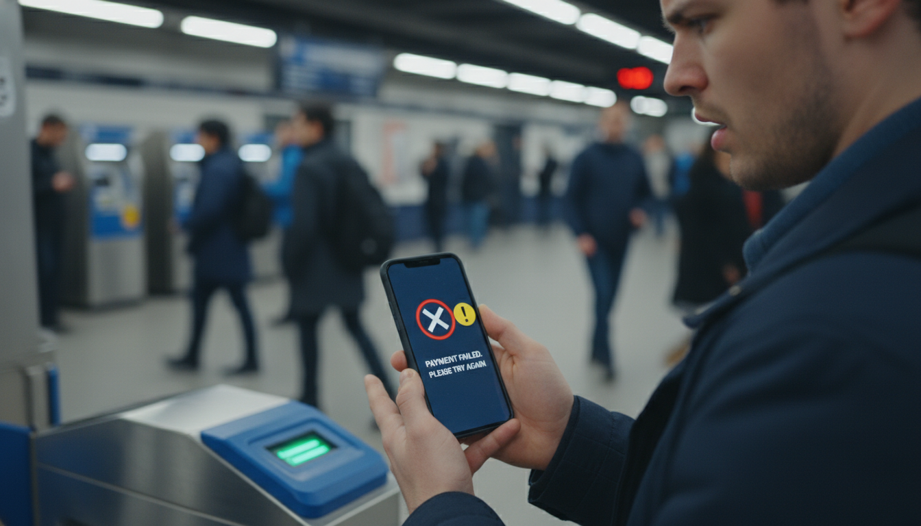 지하철 개찰구 앞에서 삼성페이 교통카드 인식 오류로 당황하고 있는 사람의 모습