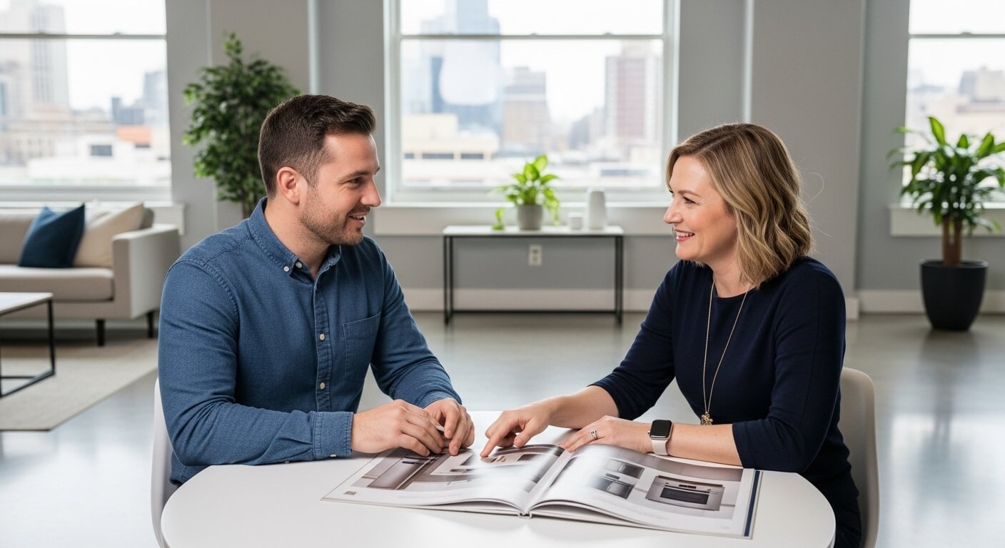 사무실에서 가전제품 카탈로그를 보며 대화하는 남녀 