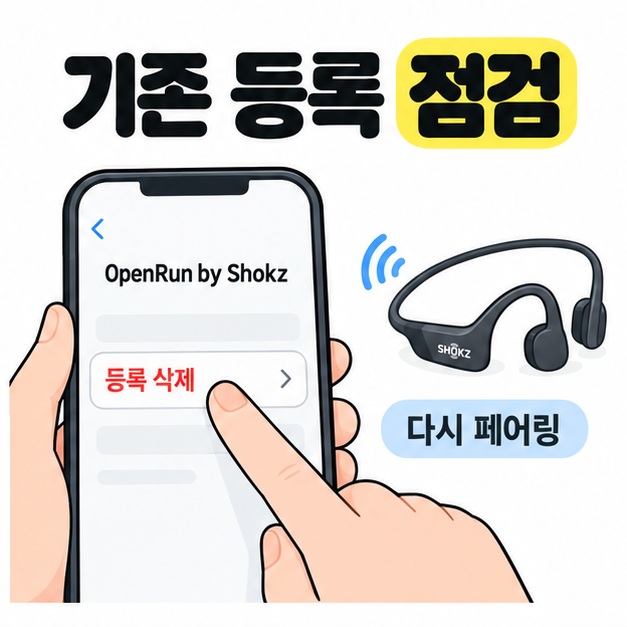 휴대전화에서 기존 이어폰 등록 삭제를 선택한 뒤 다시 페어링하도록 안내하는 모습
