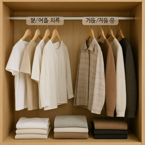 의류가 분류 되어있는 옷장의 모습