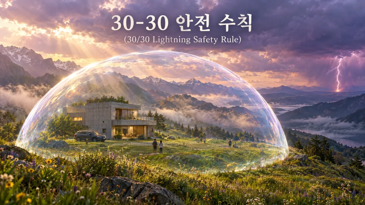 안개가 자욱한 평원에서 안전한 콘크리트 건물과 자동차를 거대한 투명 보호 에너지 돔이 감싸 안고 있으며 멀리 수평선 너머 번개가 내리치는 광경을 통해 낙뢰 발생 시 30-30 안전 수칙에 따라 단단한 실내로 신속 대피하는 모습을 표현한 초현실 안전 가이드 이미지