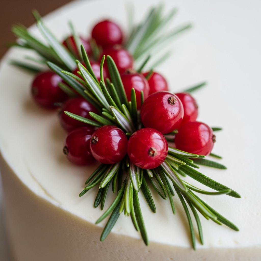 신선한 로즈마리 가지와 작은 붉은 베리로 포인트를 준 고급스러운 케이크 장식 클로즈업
