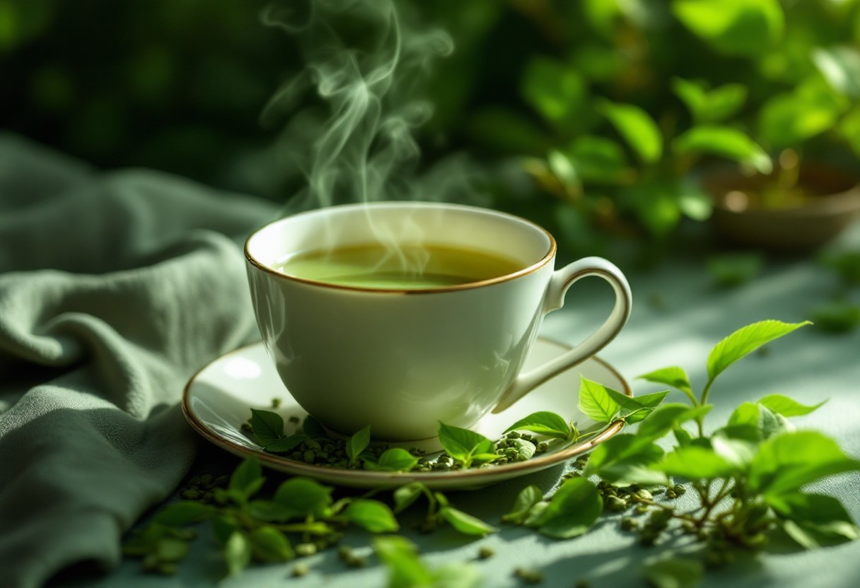 따뜻한 녹차 한 잔이 신선한 녹차 잎과 함께 담겨 있어 잇몸 건강에 도움이 되는 모습을 나타냅니다.