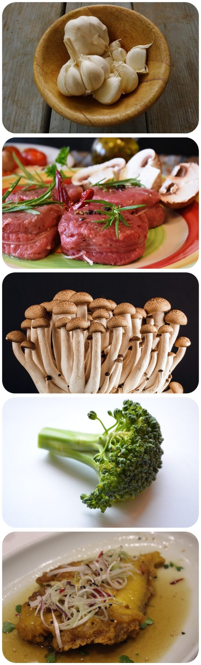 마늘-육류-버섯-브로콜리-생선- 사진
