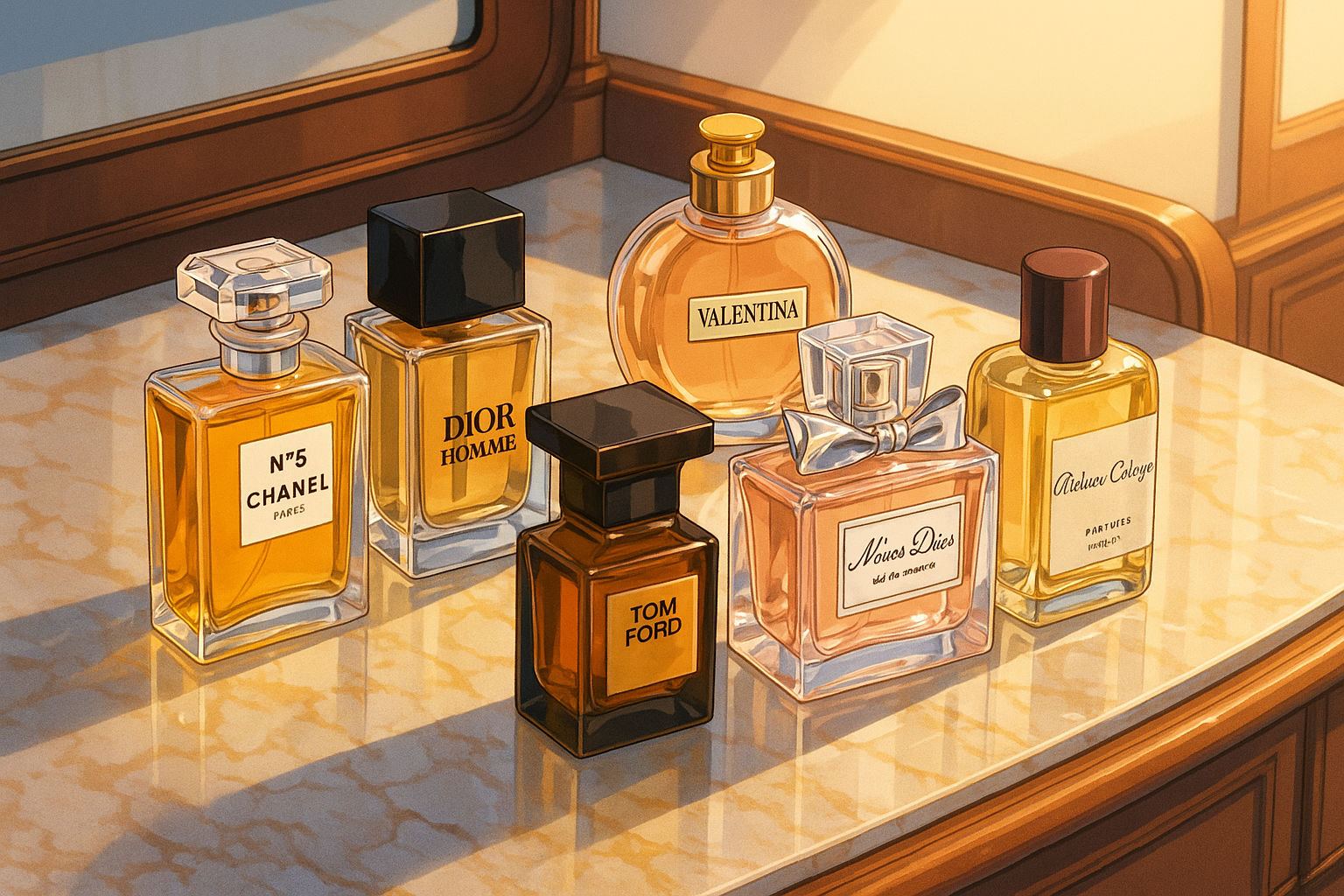 대리석 화장대 위에 정렬된 고급 향수 병들, 일본 애니메이션 스타일로 묘사됨. 프탈레이트와 인공 향료 등 향수 유해 성분의 위험성을 상기시키는 이미지.
