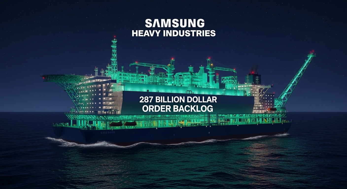 Dramatic visualization of Samsung Heavy Industries FLNG (Floating LNG) platform on deep ocean at night. Glowing teal platform structure, dark navy water, 287 billion dollar order backlog highlight. Professional Korean shipbuilding industry infographic style.