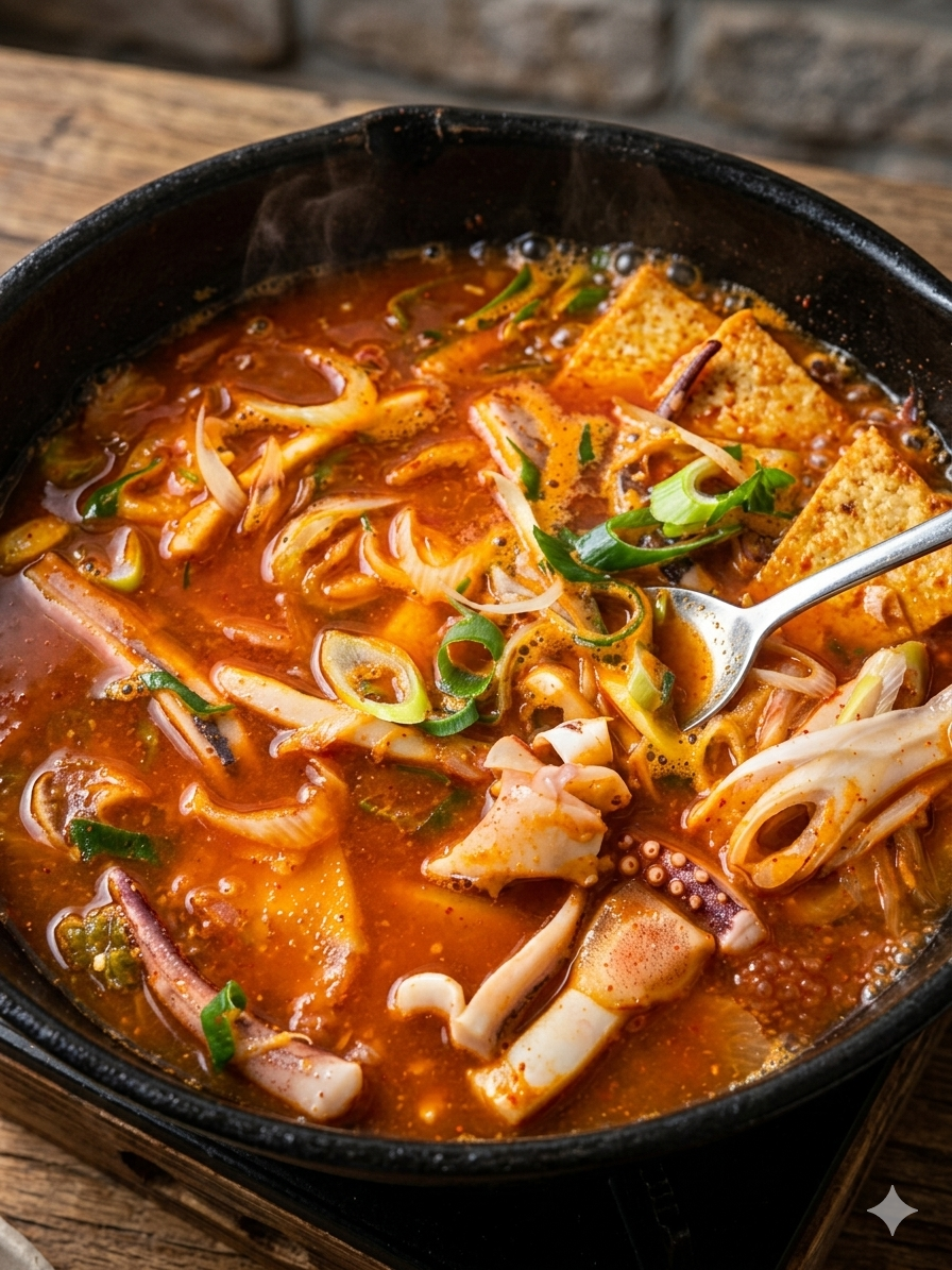 대전 소나무집의 대표 메뉴인 오징어찌개가 냄비에서 끓고 있는 모습