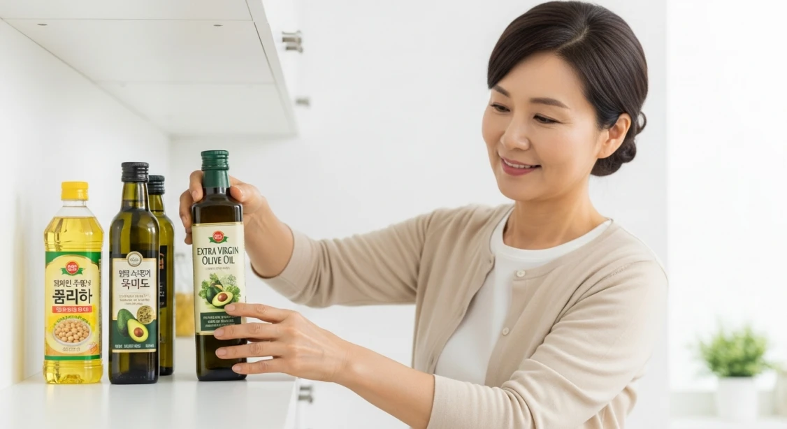 중년 여성이 주방에서 콩기름 대신 올리브유와 아보카도 오일을 선택하며 오메가-6를 줄이는 실천을 보여주는 사진.