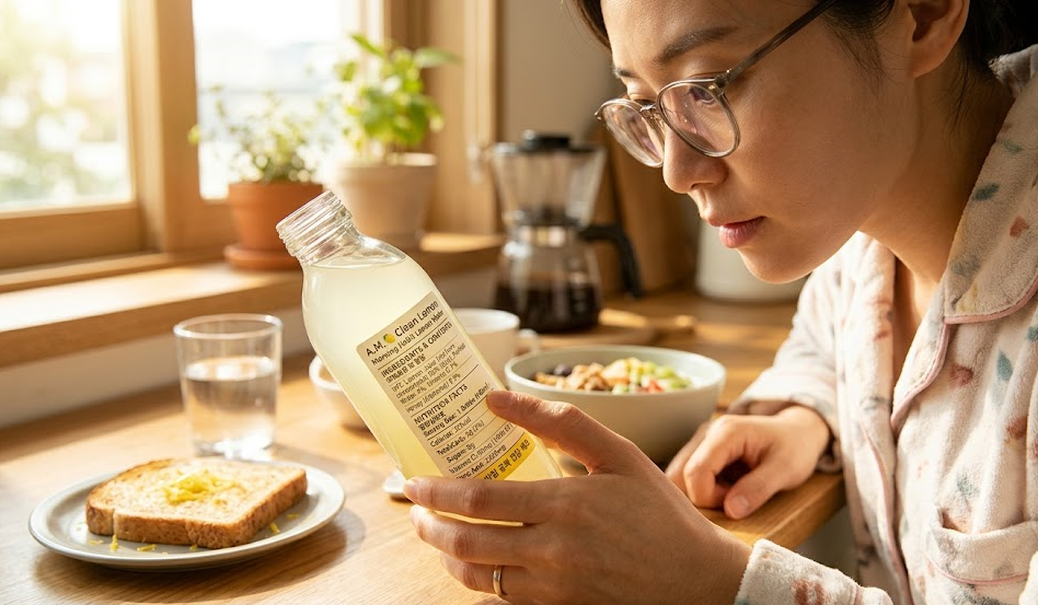 아침 공복 건강을 위해 레몬수 디톡스 효능과 안전한 섭취 방법을 깐깐하게 확인하는 모습