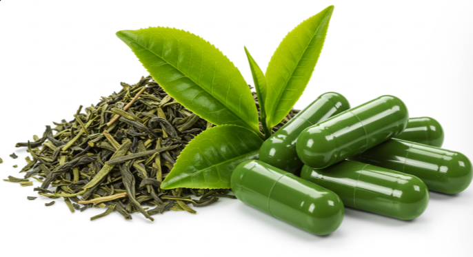 녹차잎과 녹차 추출물 캡슐이 나란히 놓여있는 모습