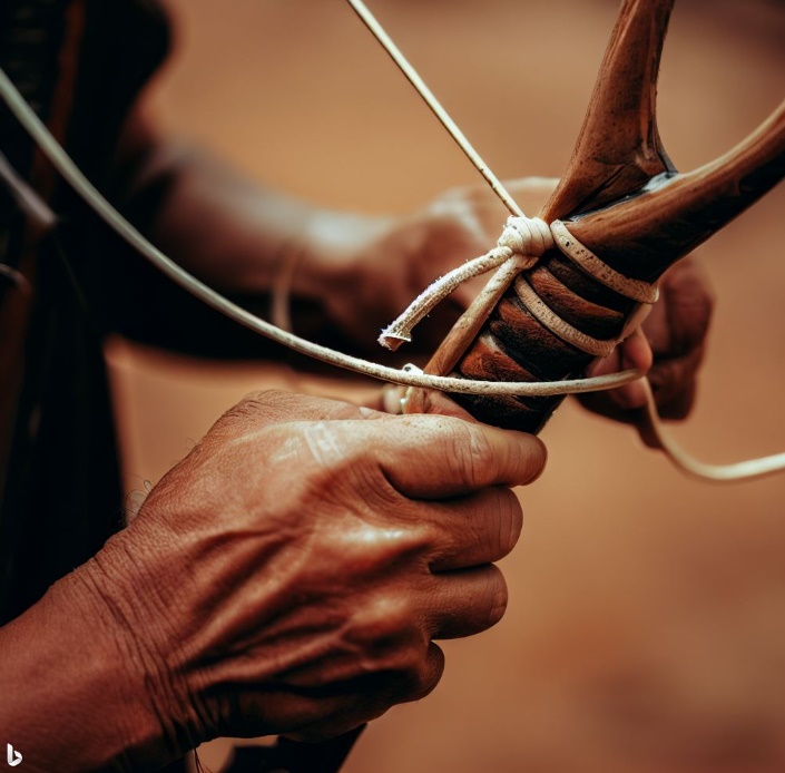 두 번째 줄을 활 꼭대기에 붙여 손잡이에 감는 모습(made by Bing)