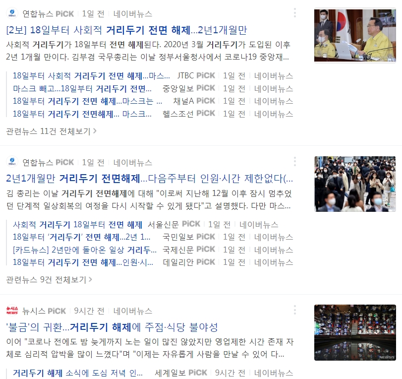 거리두기 전면해제 기사