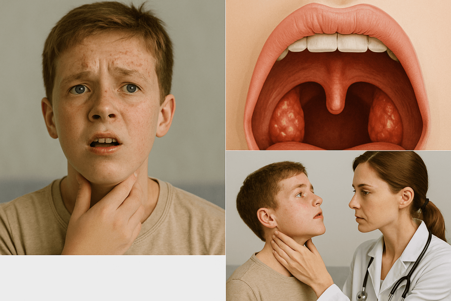 편도선이 부어서 목을 만지고 있는 사람과 편도선염을 이미지화한 모습과 의사의 진찰을 받는 모습