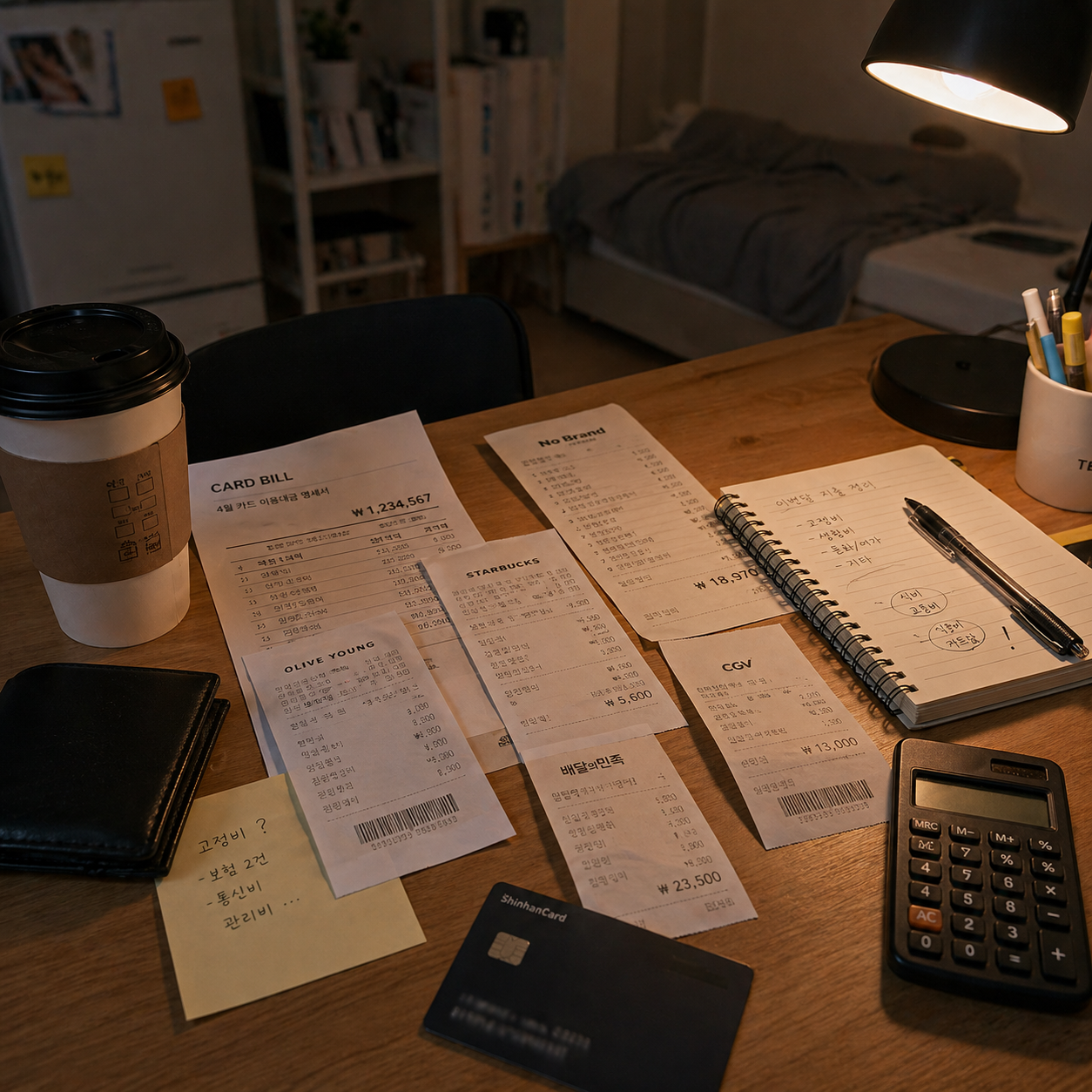 자취 원룸 책상 위에 카드 명세서와 영수증, 커피와 노트가 함께 놓여 있는 생활비 혼란 장면
