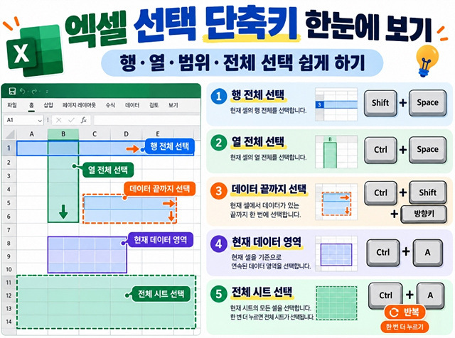 엑셀 선택 단축키 총정리｜행&middot;열&middot;범위&middot;전체 선택 쉽게 하기