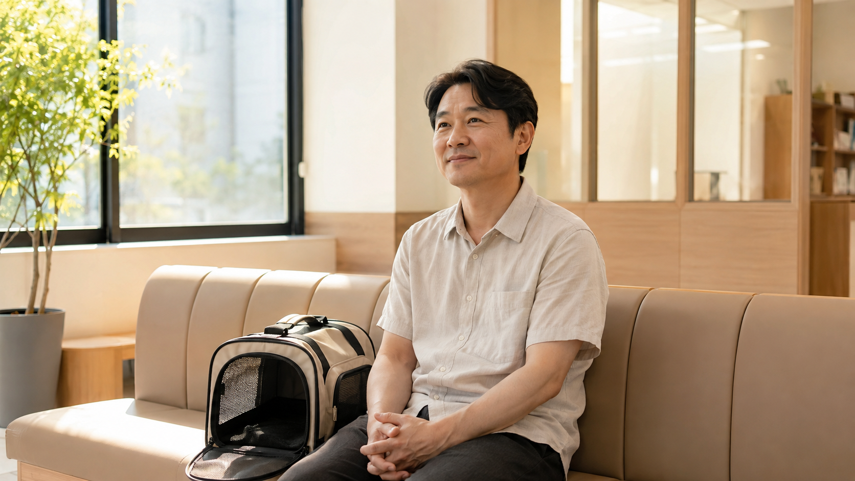 병원 이동장 옆에서 고양이를 기다리는 대기실