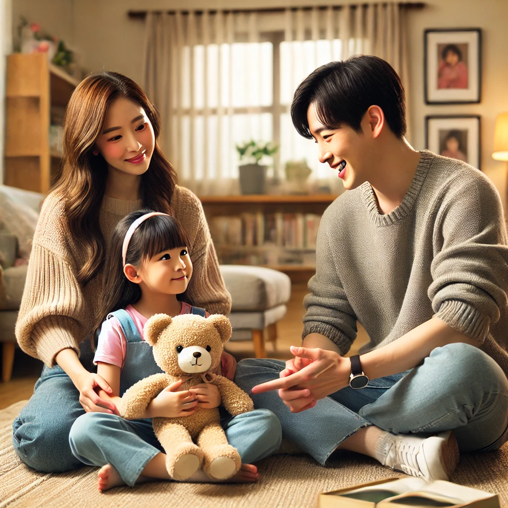 거실에서 딸에게 공감과 배려를 가르치는 모습, 인형을 사용해 친구의 감정을 이해하는 방법을 설명하는 어머니와 딸의 반응을 격려하는 아버지, 부드러운 조명과 가족 사진이 어우러진 따뜻한 공간, 사랑과 교육이 함께하는 장면.