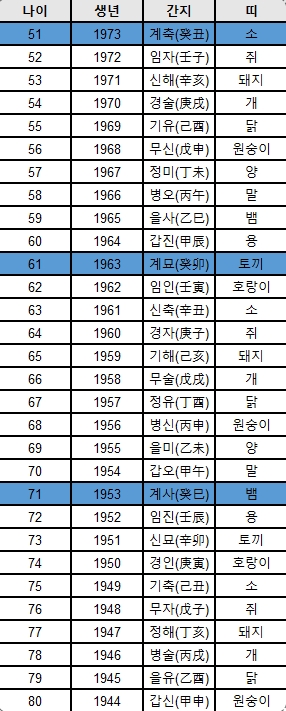 100세까지 나와있는 띠별 나이 조견표