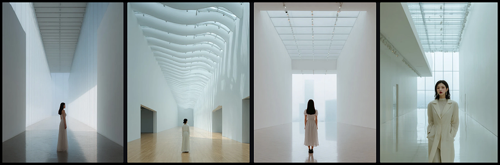 현대적 갤러리 공간에서 전경~후경까지 선명한 딥 포커스 구조의 인물 풀샷 이미지_Midjourney