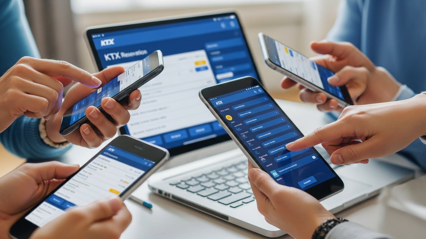 여러 사람이 스마트폰, 태블릿, 노트북 등 다양한 기기로 KTX 예매를 동시에 시도하는 모습.