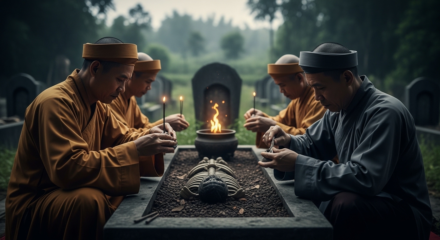 베트남 전통 이장(改葬) 의식의 엄숙하고 신비로운 풍경, 조상의 유골을 수습하는 모습.