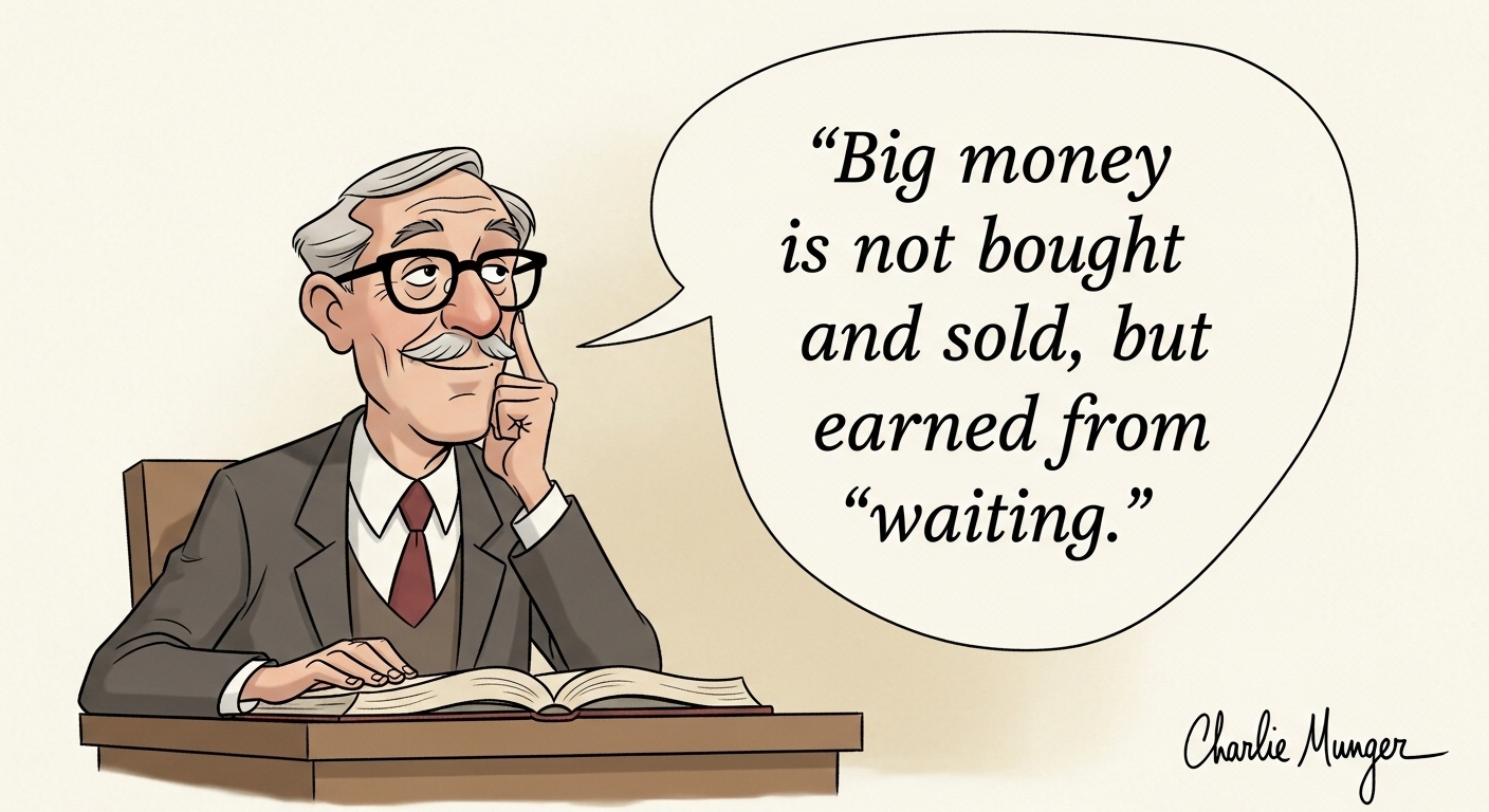 찰리 멍거의 인자한 사진과 "큰 돈은 '기다림'에서 벌린다"는 명언이 쓰인 이미지