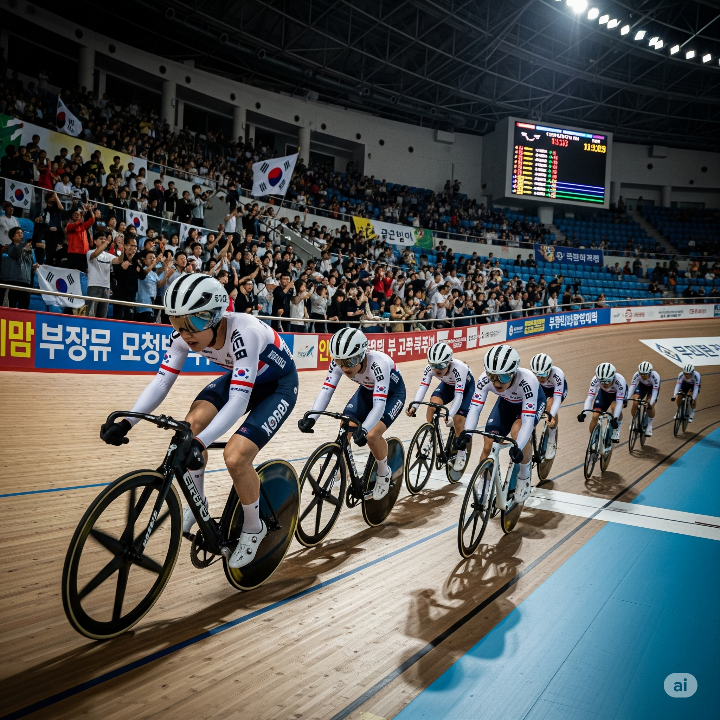 전국체전 사이클 경기에서 헬멧과 유니폼을 착용한 선수들이 트랙을 빠르게 질주하고 있는 역동적인 모습. 관중석의 열기가 느껴진다