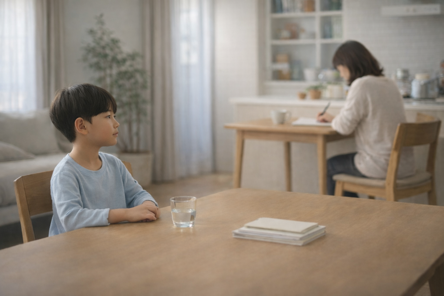 집에서 차분한 분위기 속에서 일상을 보내고 있는 아이의 모습