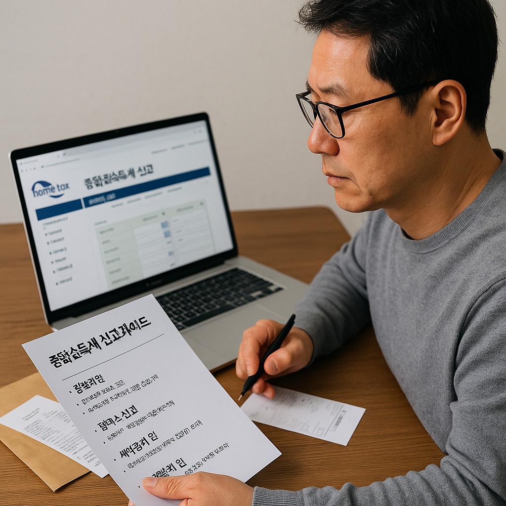 홈택스에 접속해 종합소득세 신고서를 작성 중인 중년 남성의 모습.