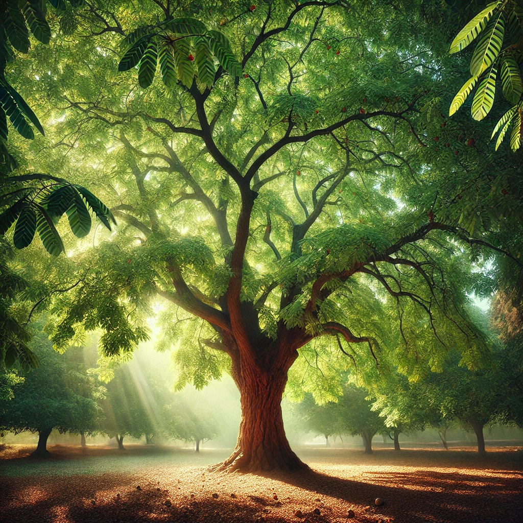 이 그림에는 웅장한 호두나무(Juglans regia)가 넓게 퍼진 수관과 푸른 잎으로 우거진 모습이 묘사되어 있습니다. 나무는 자연 속에 서 있으며, 잎 사이로 햇빛이 비쳐 들어오고, 땅에는 떨어진 호두들이 흩어져 있습니다. 이 장면은 자연과의 조화로운 분위기를 느끼게 합니다.