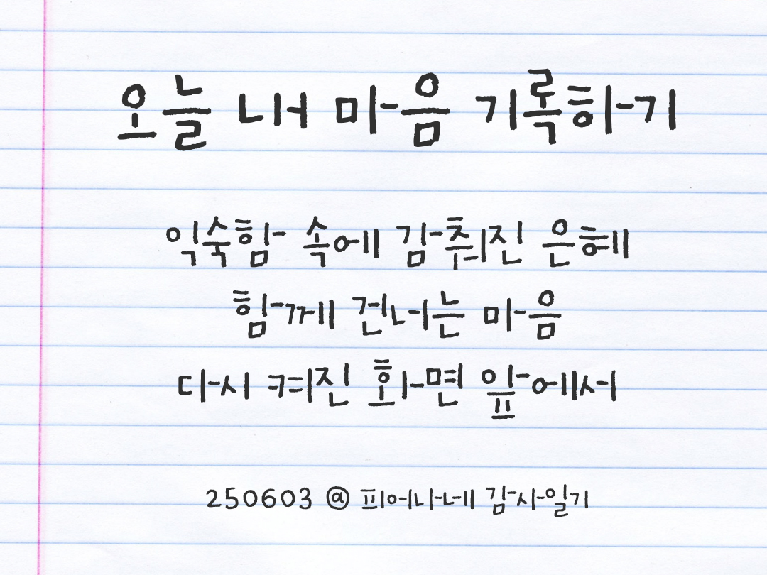 25년 6월 3일 오늘 내 마음 기록하기 감사노트, 감사를 통해 발견한 행복, 오늘 감사한 순간들 by 피어나네 감사일기