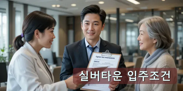 실버타운 로비에서 상담받는 중년 부부 모습