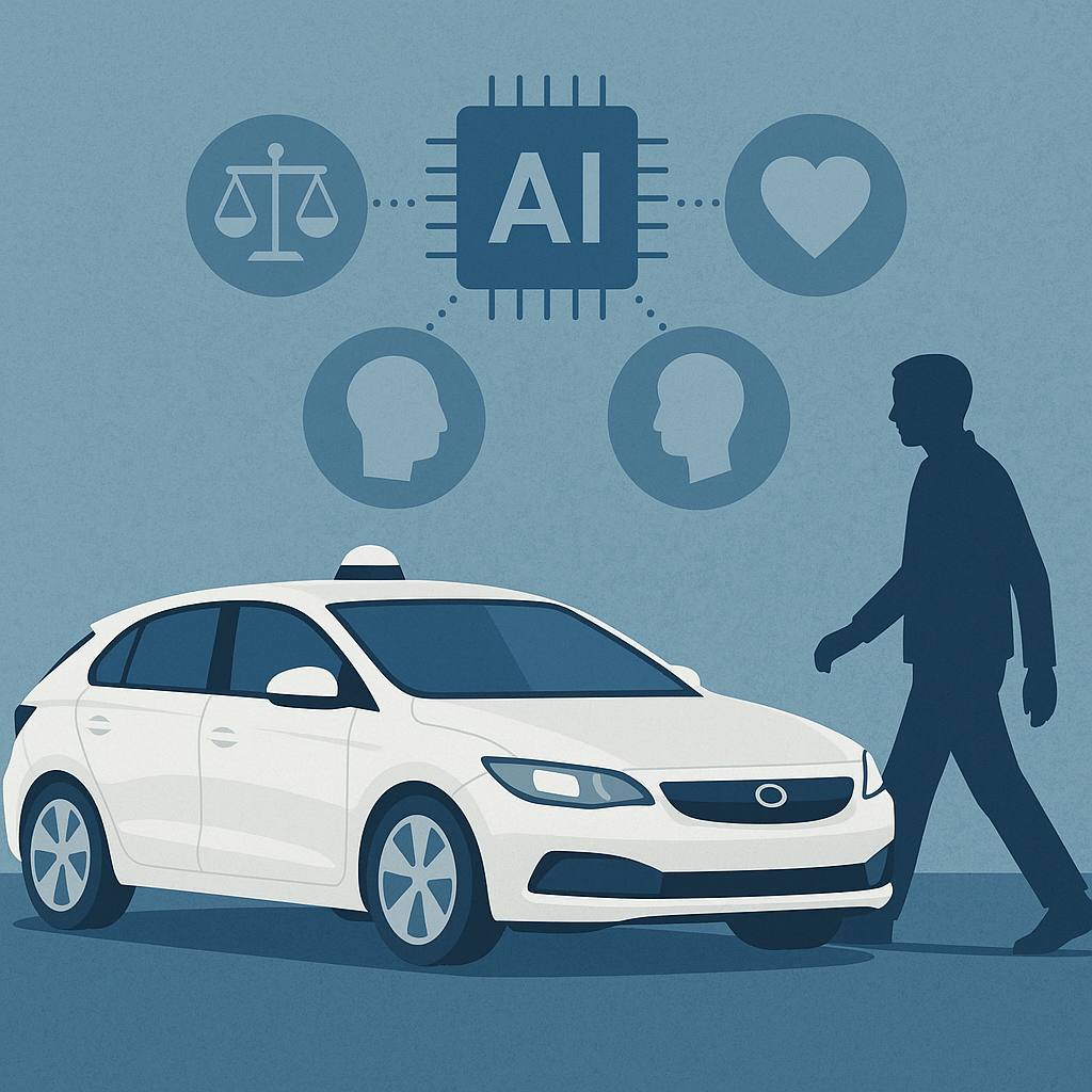 이 이미지는 자율주행차와 AI 윤리 가이드라인의 개념적 연관성을 시각화한 디지털 일러스트입니다.
중앙에는 미래형 자율주행차가 도시 도로 위를 주행하고 있으며, 차량 위에는 저울(??) 아이콘과 AI 브레인 이미지가 함께 떠 있습니다. 이는 자율주행 시스템이 단순한 기술이 아닌 윤리적 판단을 요구받는 존재임을 상징합니다.
주변에는 사람, 교차로, 보행자, 신호등이 배치되어 있으며, 각각의 요소에 투명한 윤리 아이콘(책임, 공정성, 투명성 등)이 연결되어 있어, 차량이 다양한 상황에서 윤리 기준을 바탕으로 판단하고 반응하고 있다는 메시지를 전합니다.
배경은 정제된 스마트시티 풍경으로, 법률 문서와 회로 패턴이 겹쳐진 듯한 디테일이 추가되어 기술과 규범의 조화를 표현합니다.
이 이미지는 자율주행차 개발에서 윤리가 왜 필수인지, 그리고 윤리적 설계가 어떻게 시각화될 수 있는지를 직관적으로 보여주는 대표 자료로 활용될 수 있습니다.