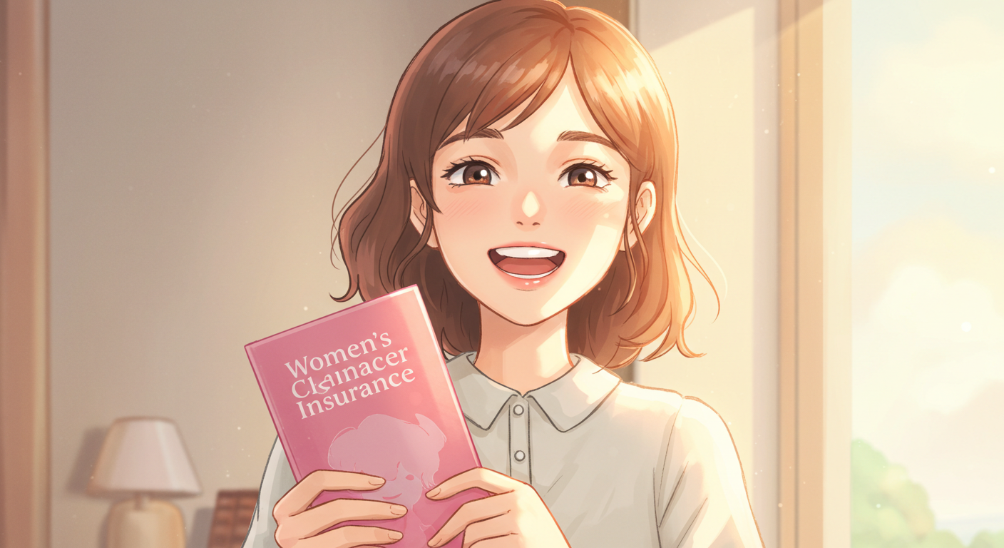 여성전용 암보험 안내서를 들고 환하게 웃는 여성