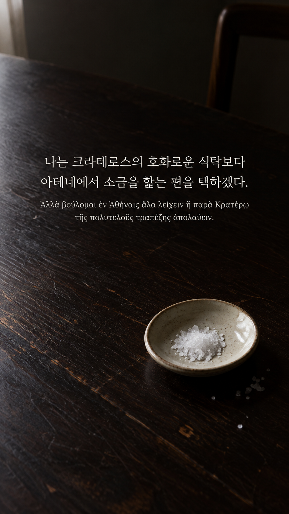 디오게네스 명언 28 나는 크라테로스의 호화로운 식탁보다 아테네에서 소금을 핥는 편을 택하겠다. 한글과 그리스어 원문이 담긴 세로 사진