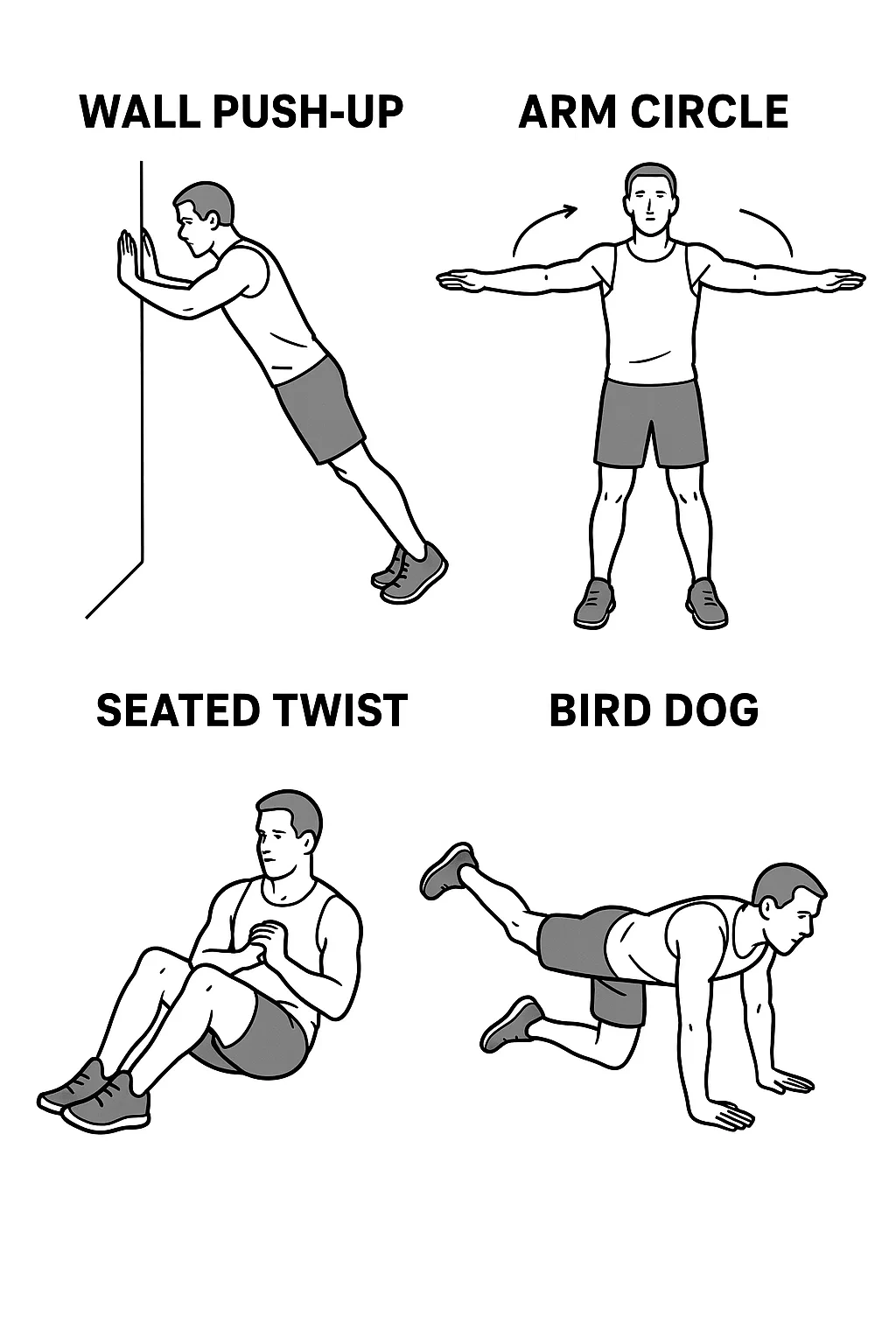 월푸시업, 암써클, 시티드 트위스트, 버드독
