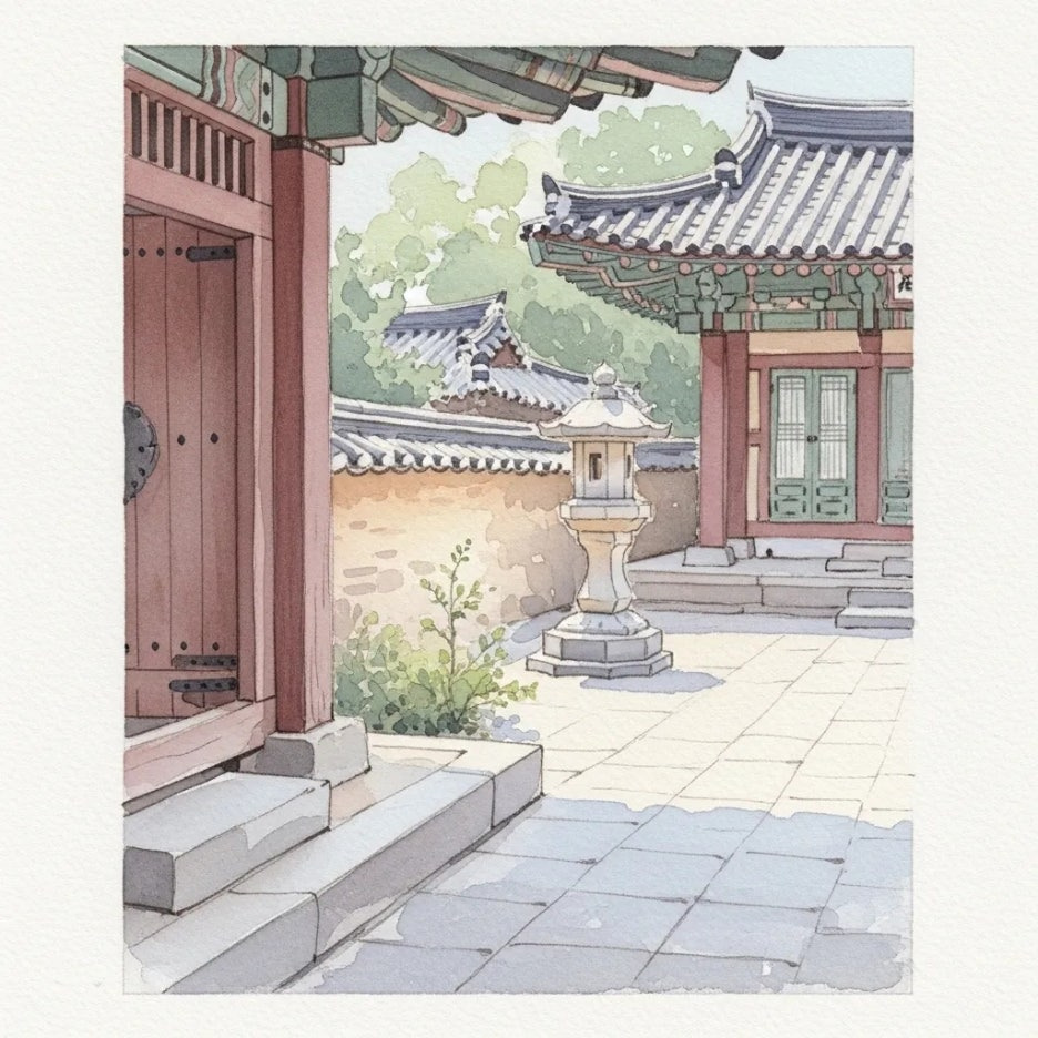 빛이 스며드는 사찰의 한적한 구석 풍경