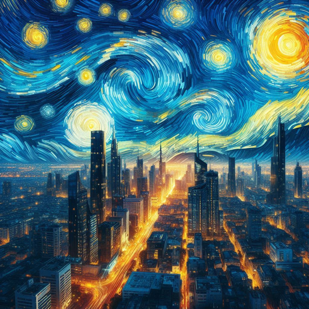 소용돌이치는 별이 있는 도시 야경&amp;#44; 빈센트 반 고흐 스타일로&amp;#44; 후기 인상주의&amp;#44; 역동적인 소용돌이치는 붓터치&amp;#44; 생생한 파란색과 노란색&amp;#44; 표현적 하늘&amp;#44; 반 고흐 기법의 도시 풍경