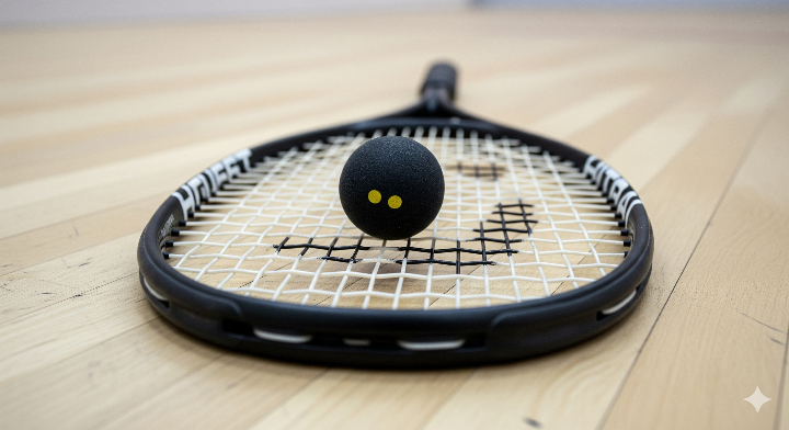 스쿼시 라켓과 공을 클로즈업한 모습