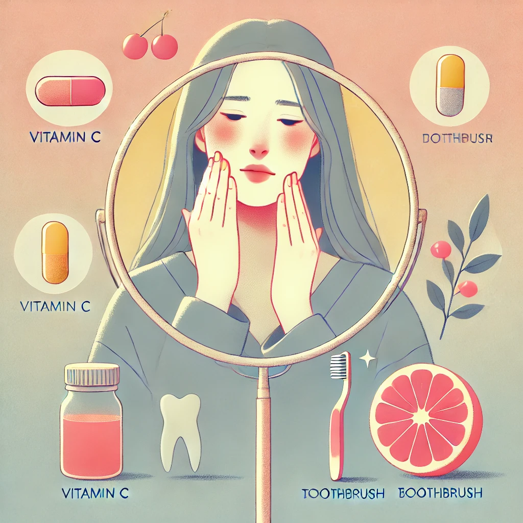 잇몸부분을 양손으로 만지면서 거울을 보는 여자의 일러스트
