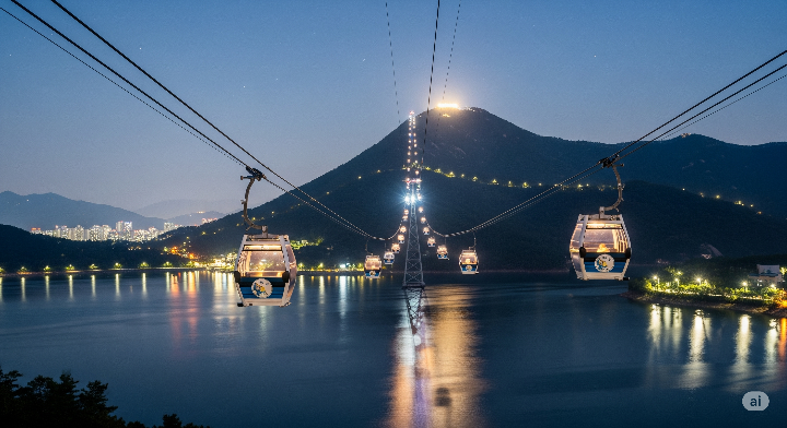 춘천 삼악산 호수 위를 가로지르는 케이블카의 환상적인 야경