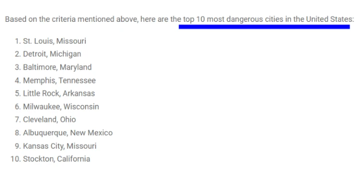 미국에서 가장 위험한 상위 10개 도시